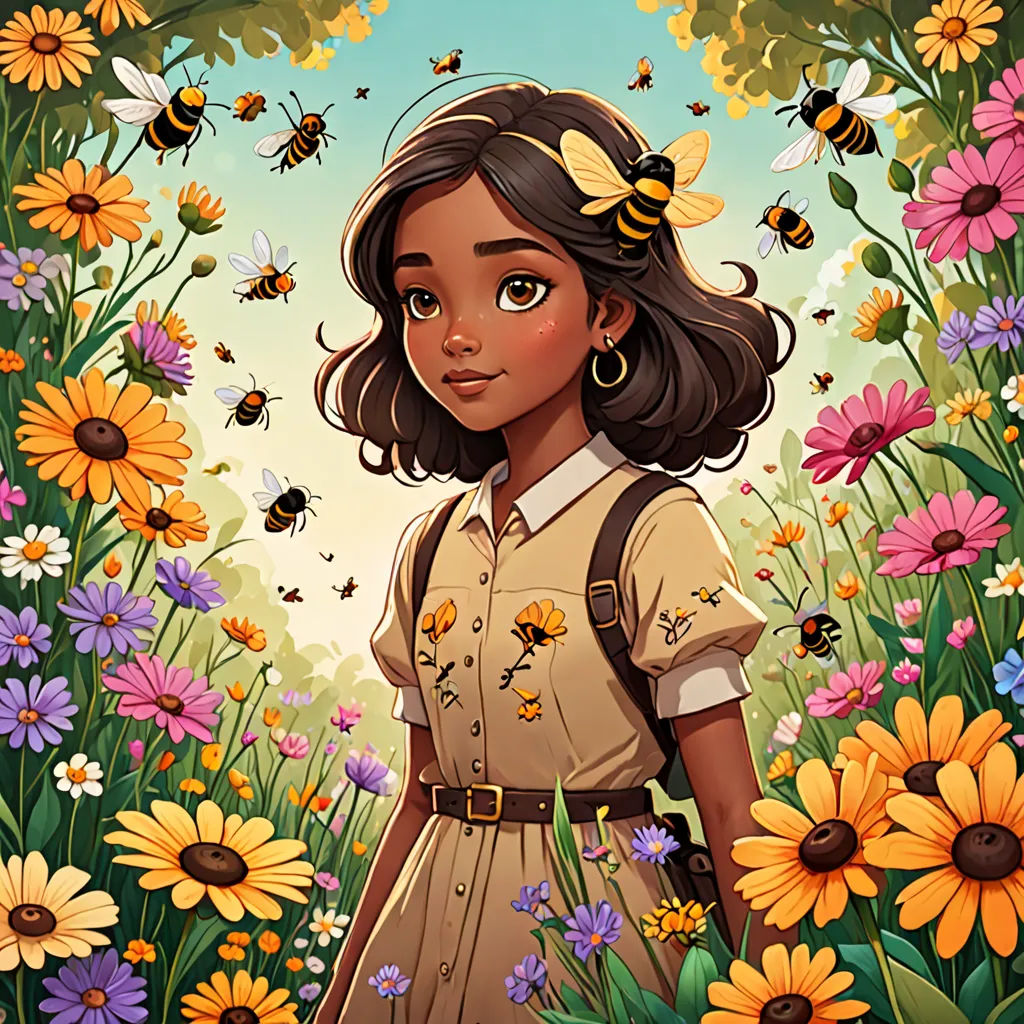 a girl in a field of flowers with bees on her head and a bee on her shoulder, with a background of flowers and bees, fantasy art, a character portrait, Colin Middleton, promotional image