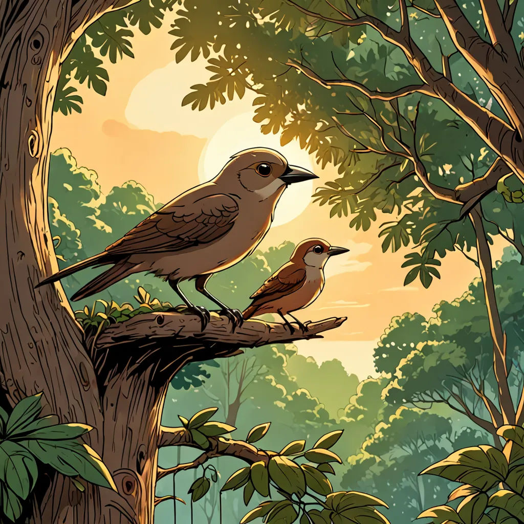 two birds perched on a tree branch in a forest at sunset or dawn with a full moon in the background, naturalism, a storybook illustration, Chris LaBrooy, birds