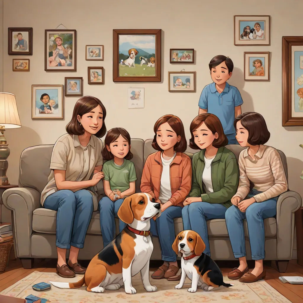 a family sitting on a couch with a dog in front of them and a dog sitting on the floor, american scene painting, a storybook illustration, David Park, official art