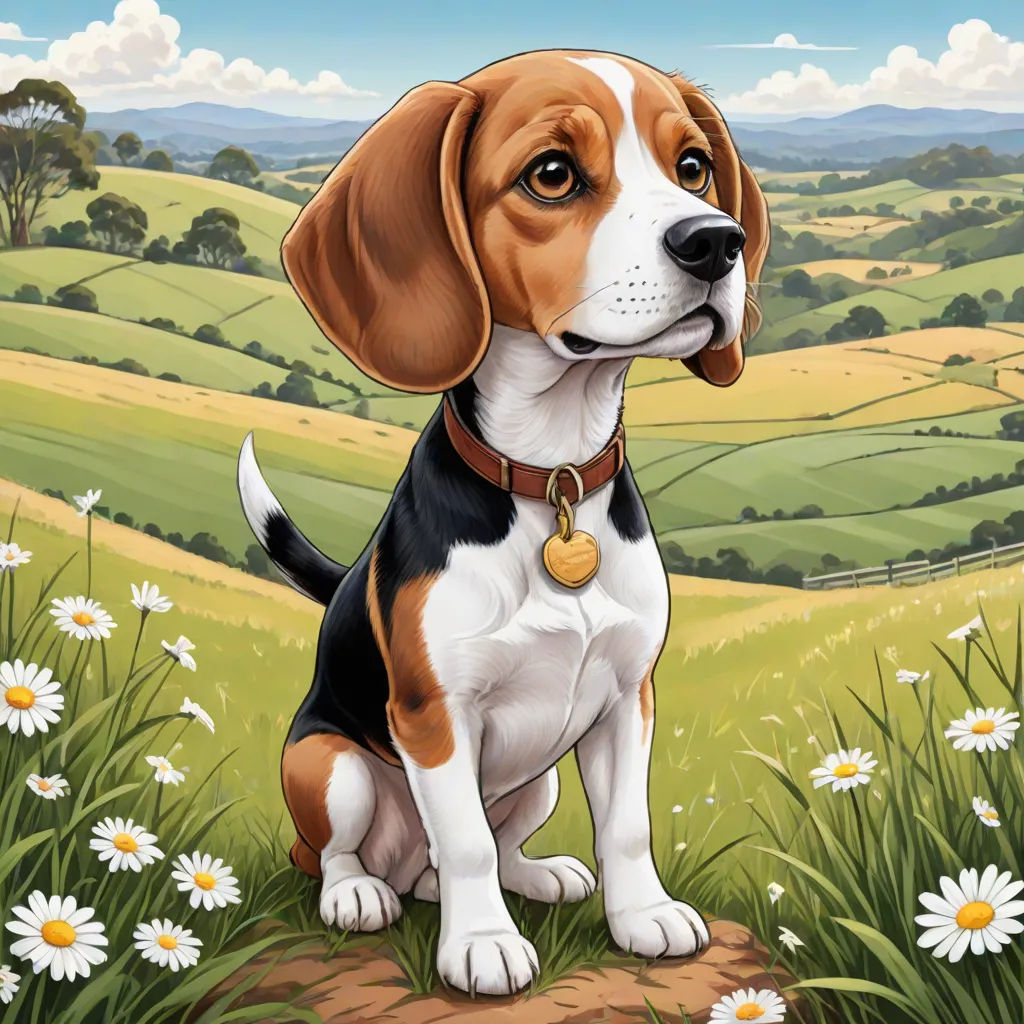 a dog sitting on a rock in a field of daisies with a dog tag on it's collar, furry art, a storybook illustration, David Brewster, game art