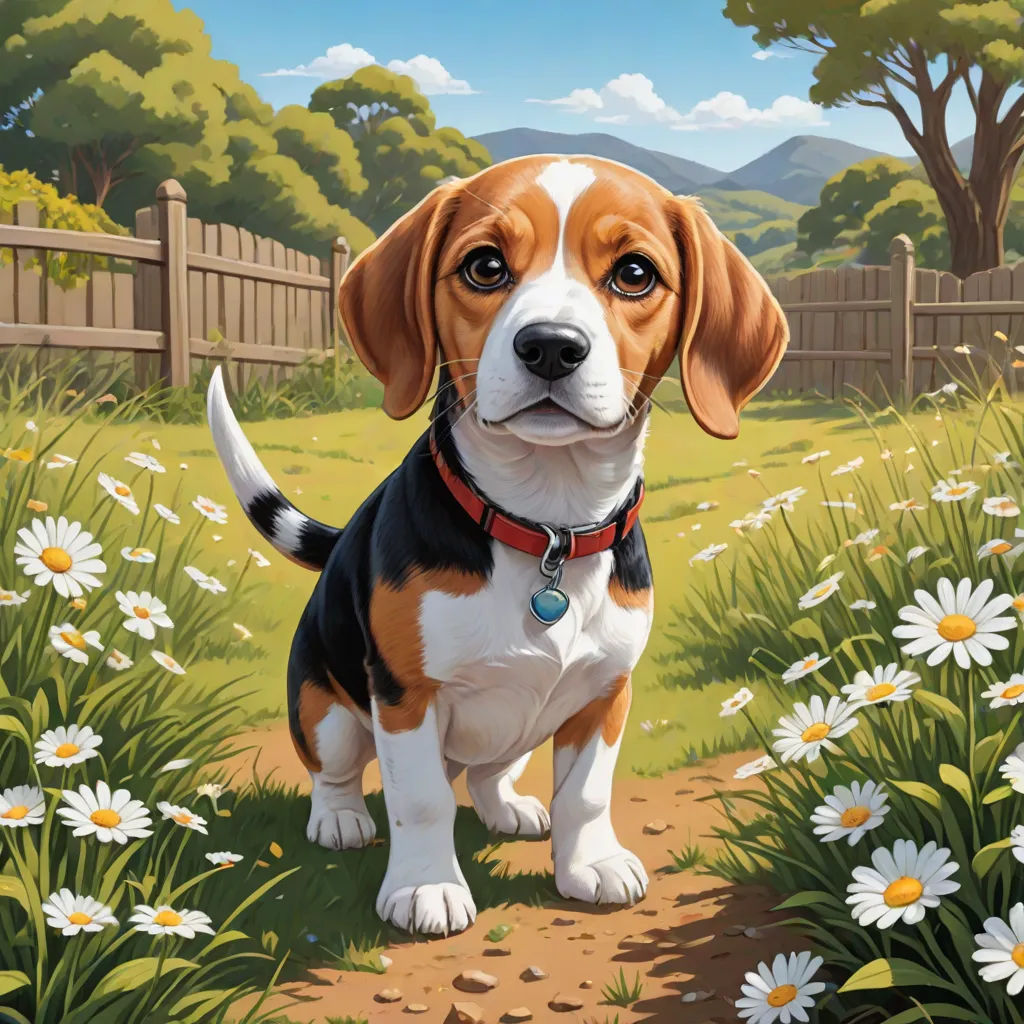 a dog standing in a field of daisies with a fence in the background and a field of daisies in the foreground, american scene painting, a storybook illustration, David Brewster, professional digital painting