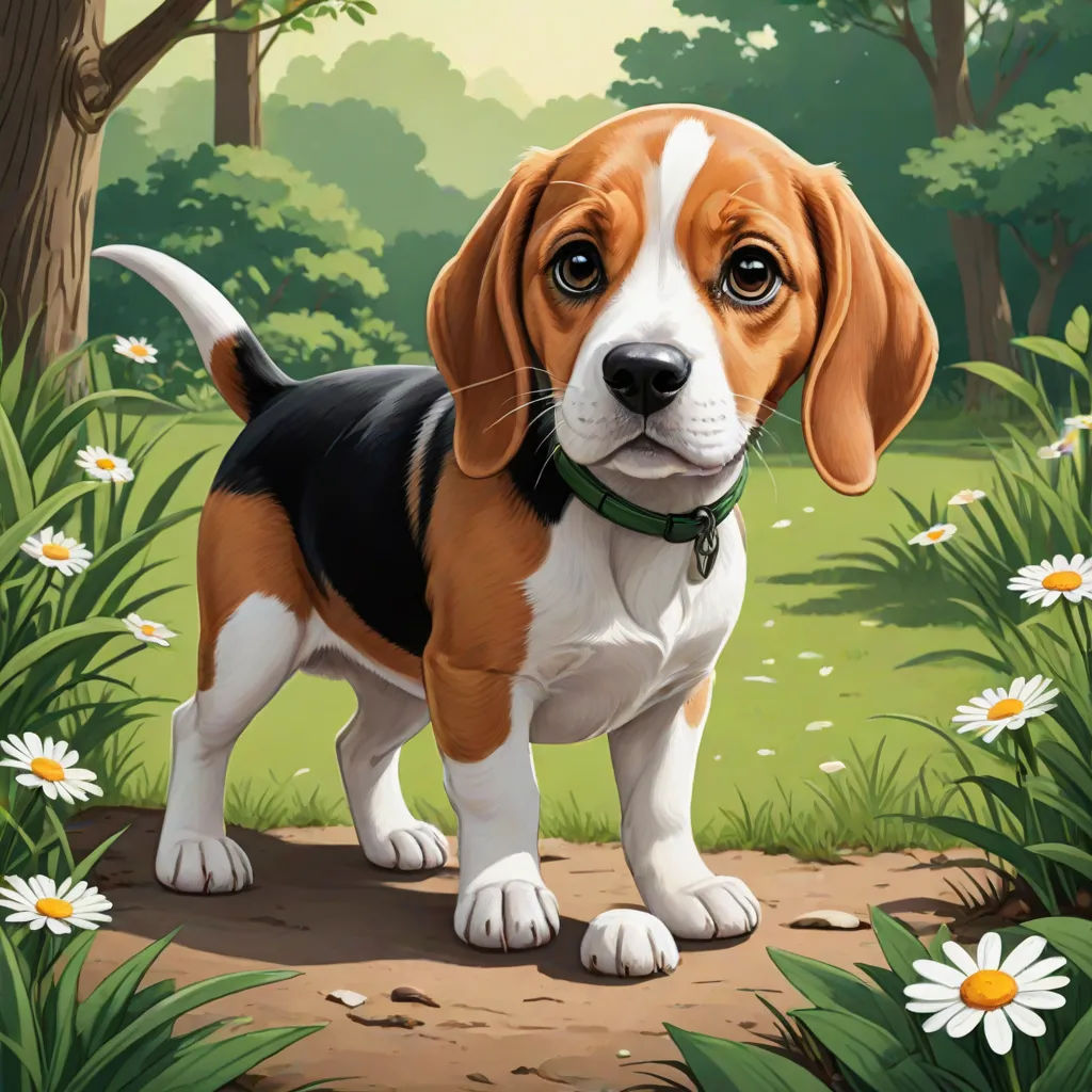 a dog standing in the middle of a forest with daisies around it and a tree in the background, naive art, a detailed painting, Daphne McClure, highly detailed digital painting