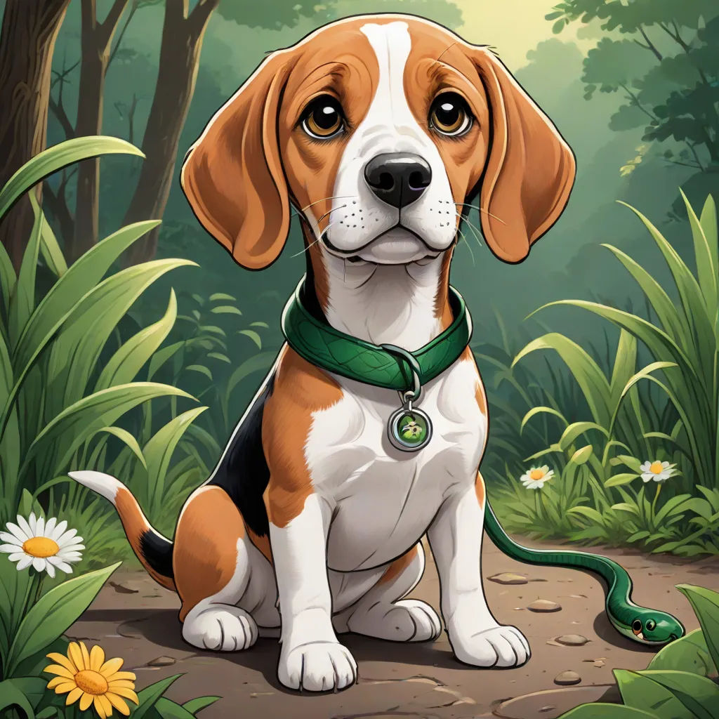 a dog sitting in the middle of a forest with a green collar on it's neck and a flower in its mouth, furry art, a character portrait, David Brewster, game art