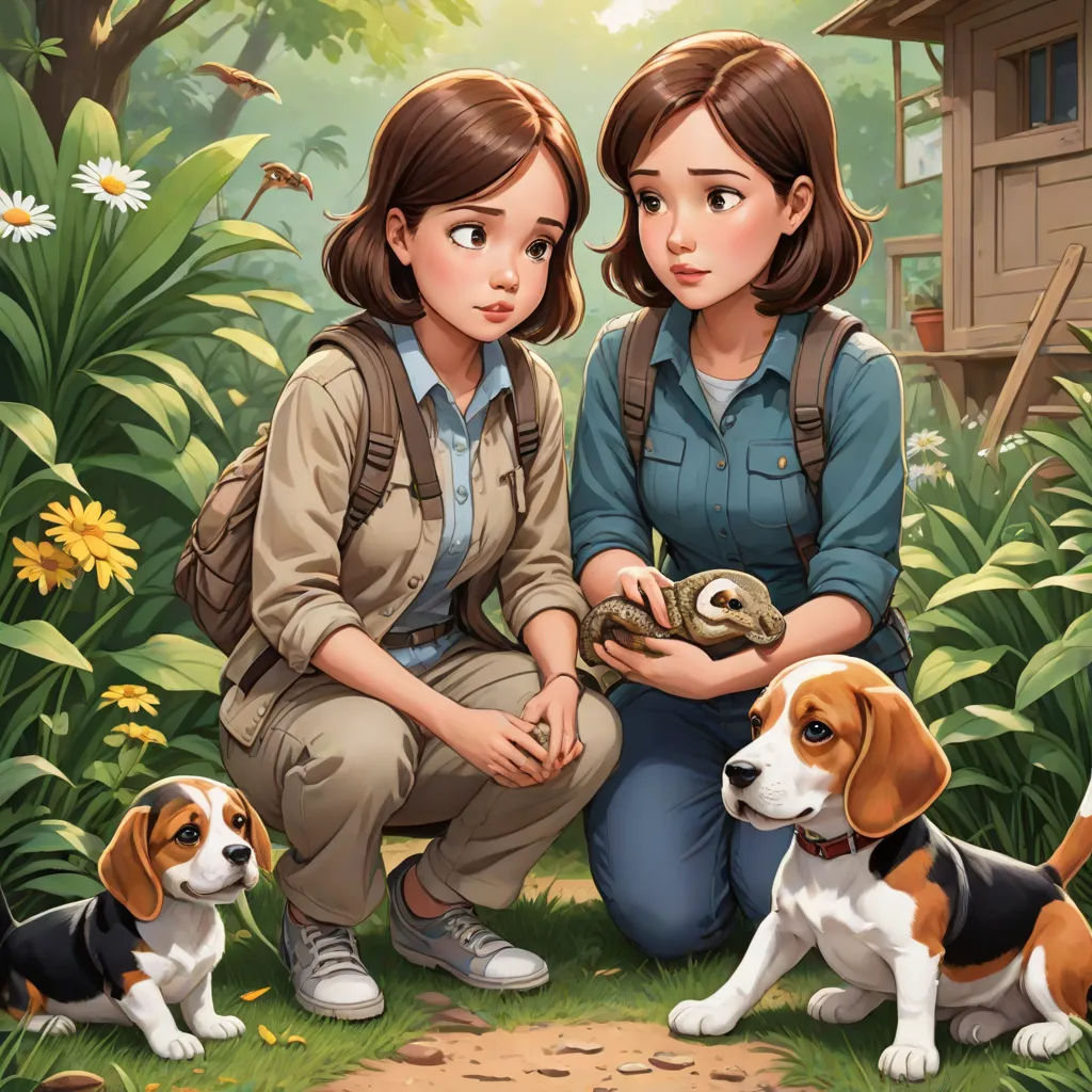 a couple of women sitting next to a dog in a forest with a turtle in their hands and a dog on the ground, serial art, a storybook illustration, David Park, comic cover art