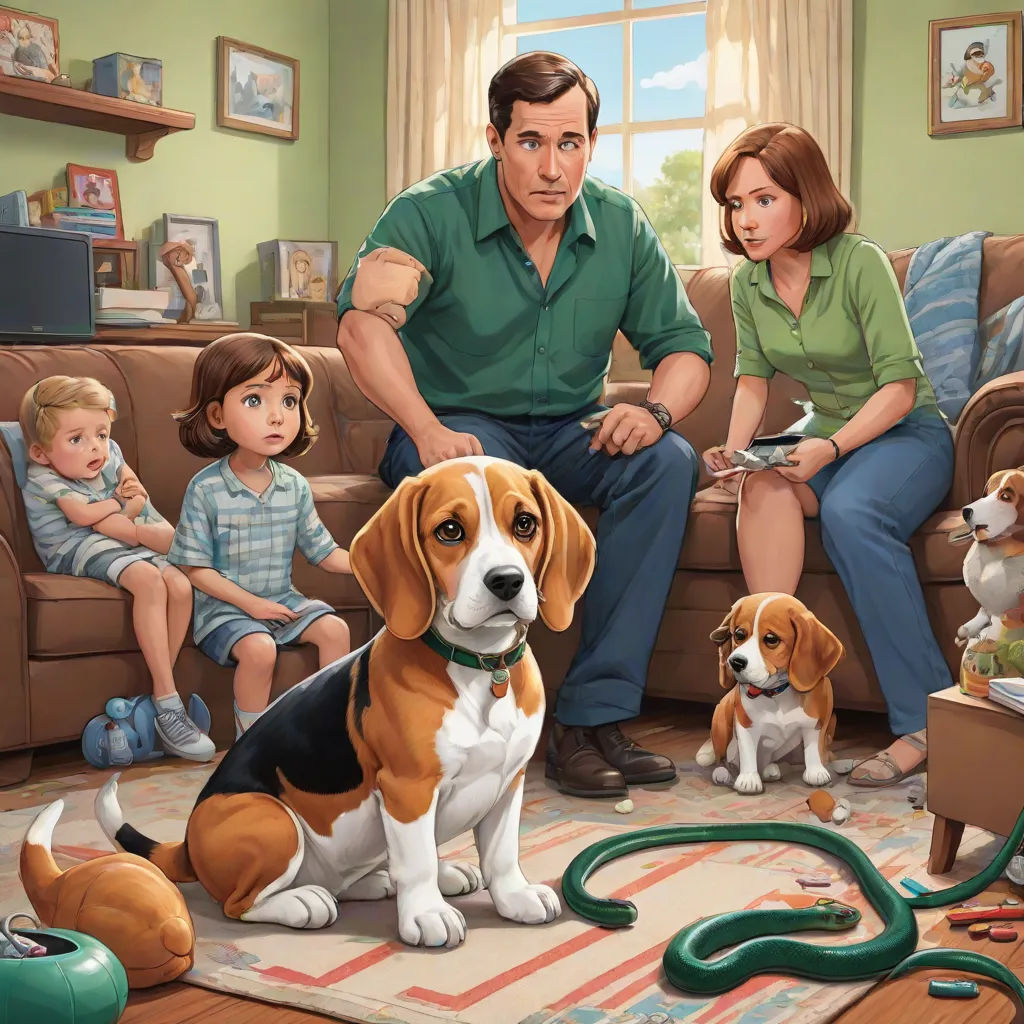 a man and woman sitting on a couch with a dog and two children in front of them and a dog on the floor, american scene painting, a storybook illustration, F Scott Hess, promotional image