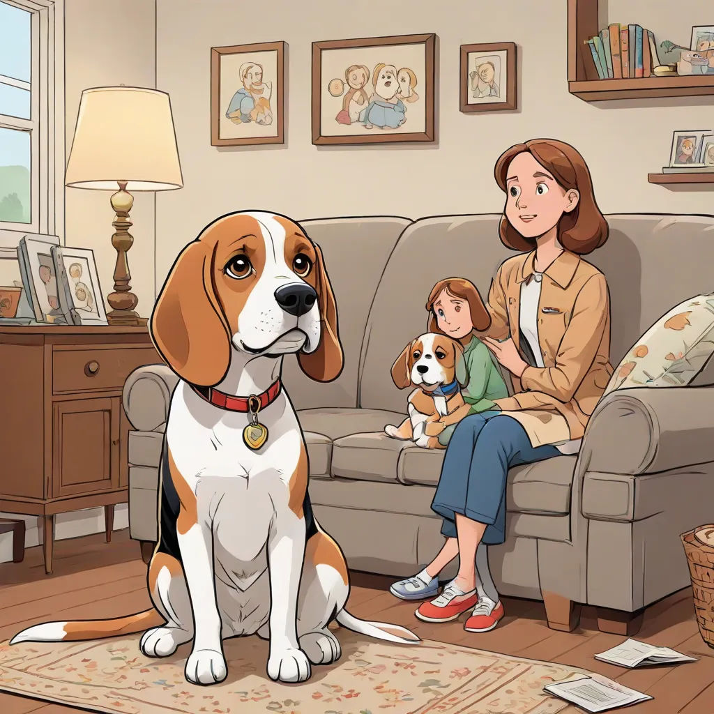 a woman sitting on a couch with a dog and a child in front of her and a dog sitting on the couch, furry art, a storybook illustration, Chris Ware, promotional image