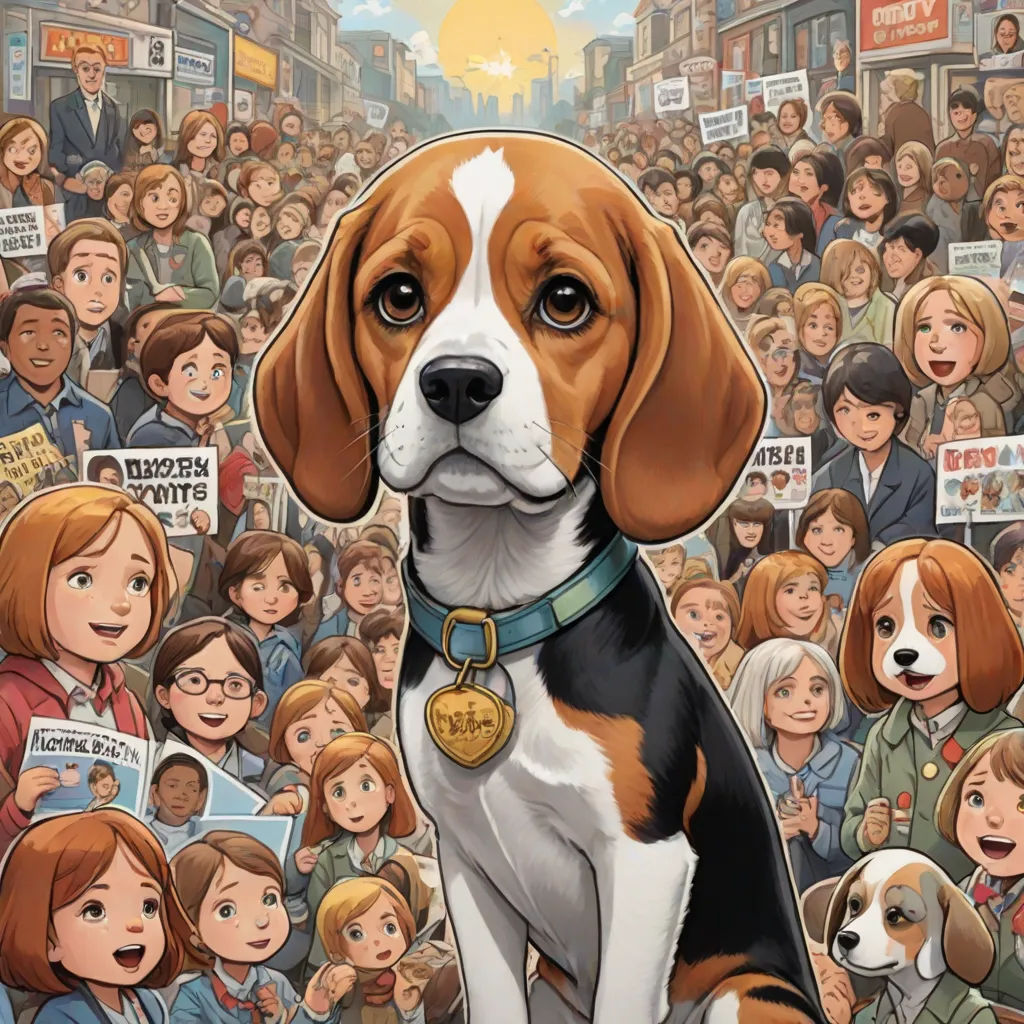 a dog is sitting in front of a crowd of people with signs and a dog's head is on the ground, furry art, a comic book panel, David Brewster, comic cover art