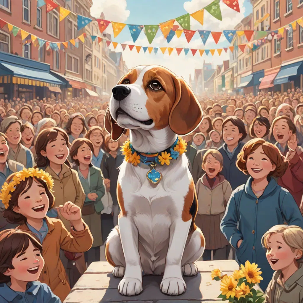 a dog sitting on a table surrounded by people in a crowd of people and bunting flags and bunting flags, naive art, a storybook illustration, Bob Byerley, official art