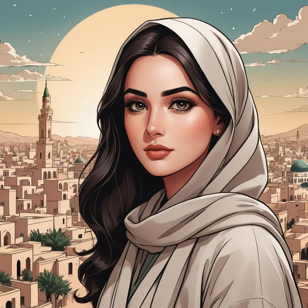 a woman in a headscarf is standing in front of a cityscape with a full moon, hurufiyya, a comic book panel, Colin Middleton, comic cover art