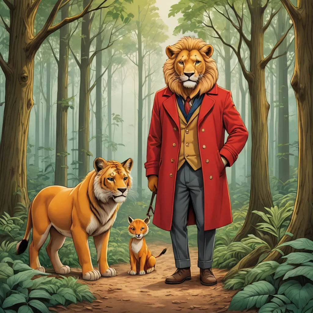 a man in a red coat and a lion and cub in a forest with trees and bushes, with a forest background, furry art, a storybook illustration, Chris LaBrooy, official art