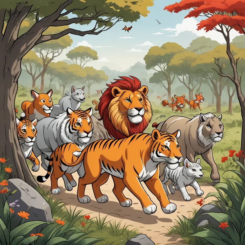 a lion and several tigers walking in a forest with trees and flowers on the ground and a lion on the ground, furry art, a storybook illustration, Don Bluth, furaffinity