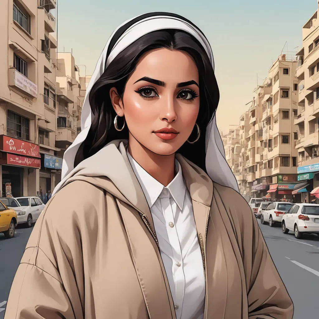 a woman in a nun outfit standing on a street corner in a city with buildings and cars behind her, serial art, a character portrait, Ambreen Butt, city background