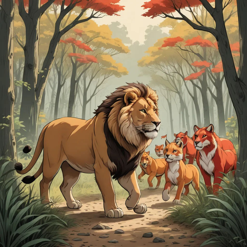 a lion and several other animals walking through a forest with trees and leaves on the ground and a path leading to the forest, furry art, poster art, Chris LaBrooy, official art