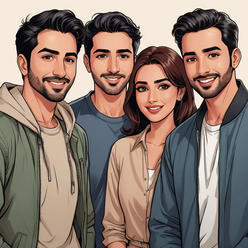 a group of people standing next to each other in front of a white background with a cartoon of them, sots art, a comic book panel, Altoon Sultan, ultra realistic illustration