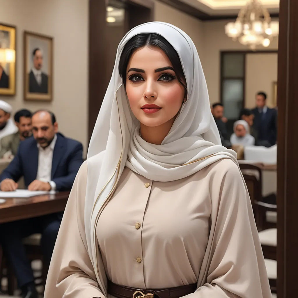 a woman in a hijab standing in front of a group of people in a meeting room with a man in a suit, hurufiyya, a picture, Elina Karimova, promotional image