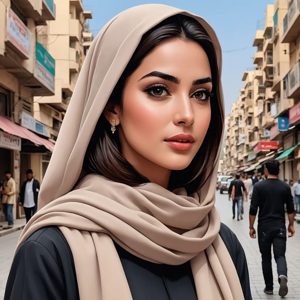 a woman in a headscarf is standing on a street corner with people walking around her and buildings in the background, hurufiyya, a photorealistic painting, Abdullah Gërguri, ultra realistic digital art