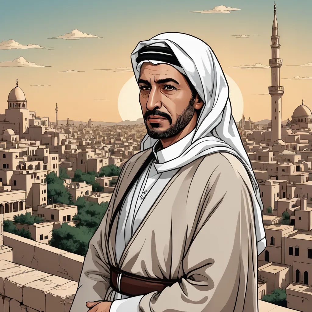 a man in a white robe standing in front of a cityscape with a sunset in the background, hurufiyya, a character portrait, Altoon Sultan, graphic novel