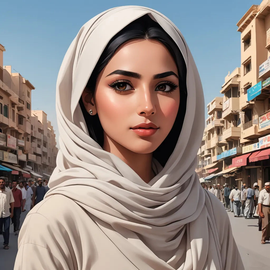 a woman in a headscarf is standing in the street with people walking around her and buildings in the background, hyperrealism, a photorealistic painting, Charlie Bowater, highly detailed digital painting