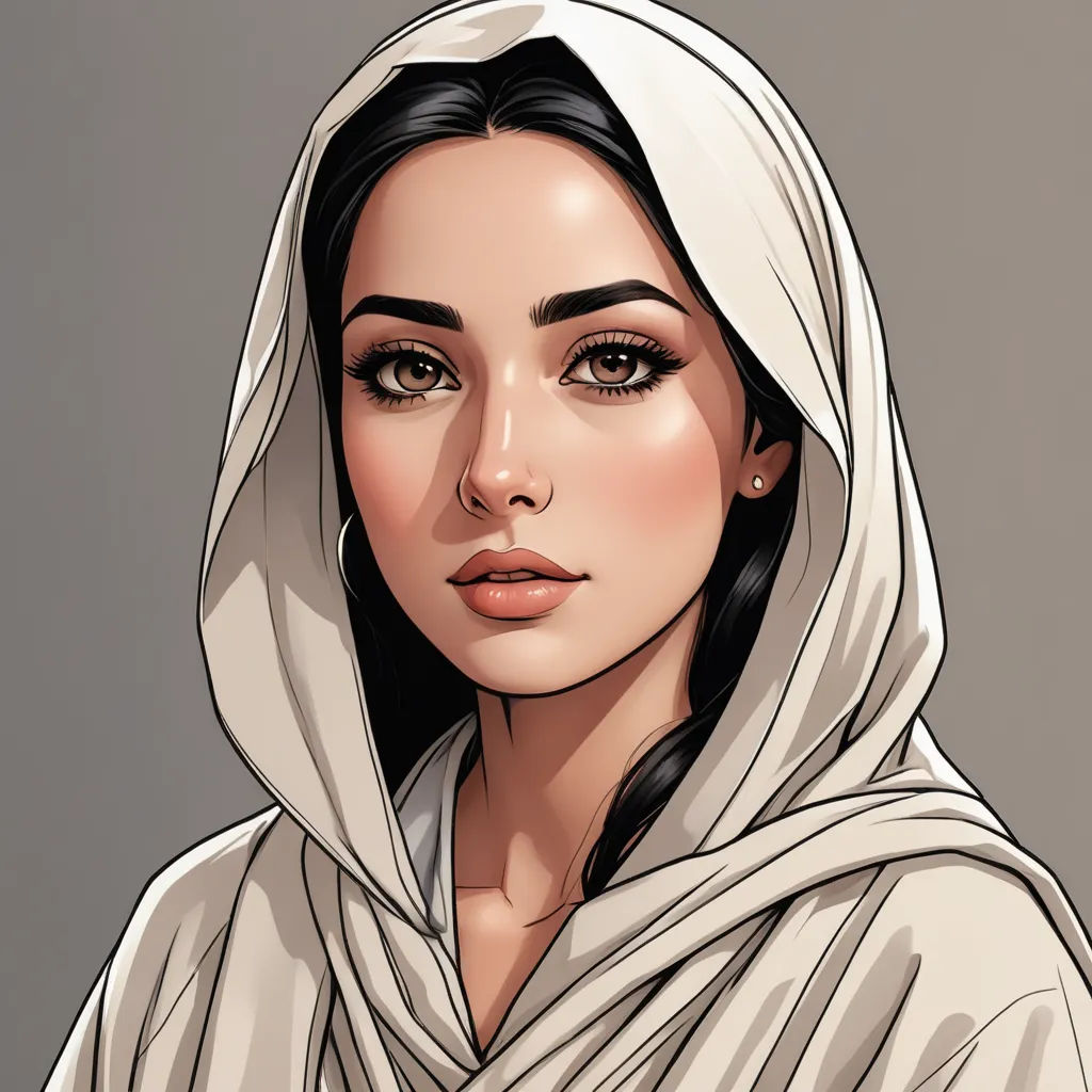 a woman with a white shawl on her head and a black hair and eyes, in a cartoon style, qajar art, a character portrait, Charlie Bowater, rpg portrait