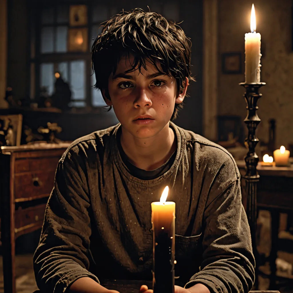 a boy sitting at a table with a candle in front of him and a candle in the middle of the table, Diego Gisbert Llorens, dau-al-set, a character portrait, promotional image