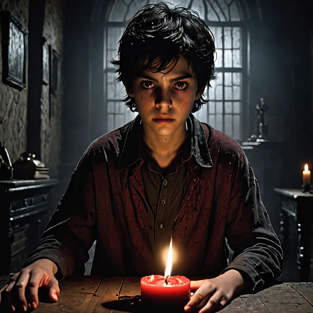 a young man holding a candle in a dark room with a window behind him and a table with a candle in it, Diego Gisbert Llorens, gothic art, poster art, promotional image