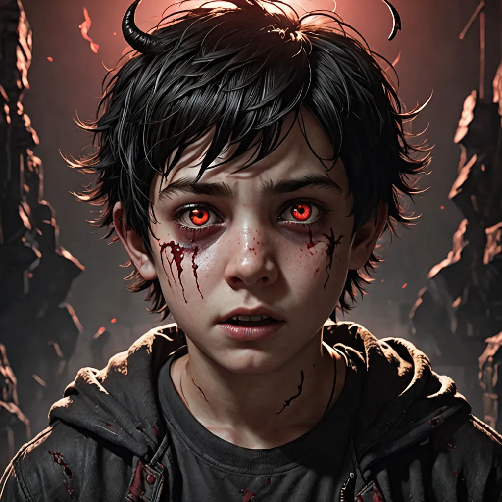 a young boy with blood on his face and horns on his head, standing in front of a demonic demon, Bastien L. Deharme, sots art, a character portrait, comic cover art