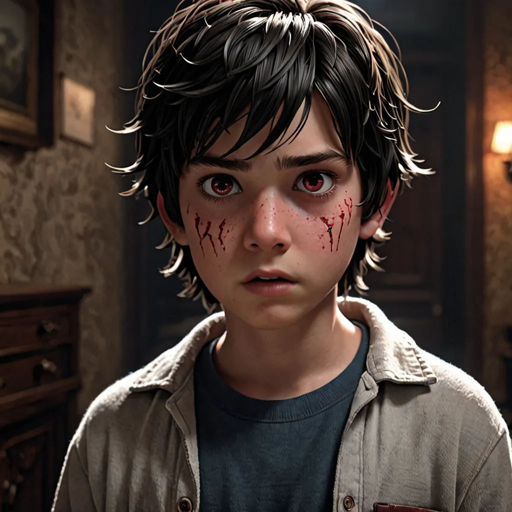 a young boy with blood on his face and a creepy expression on his face, standing in a room, Eddie Mendoza, photorealism, concept art, promotional image