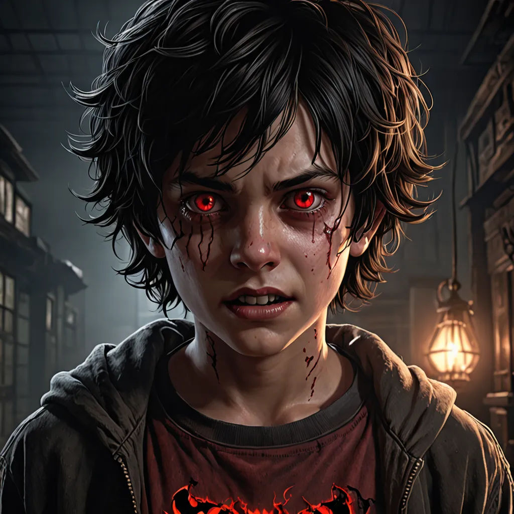a young boy with blood on his face and a bloody face on his face, standing in a dark alley, Clark Voorhees, sots art, concept art, key art