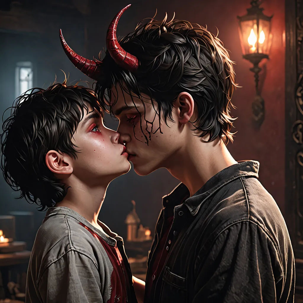 a couple of people that are kissing each other with horns on their heads and a lamp in the background, Bálint Kiss, transgressive art, a poster, promotional image