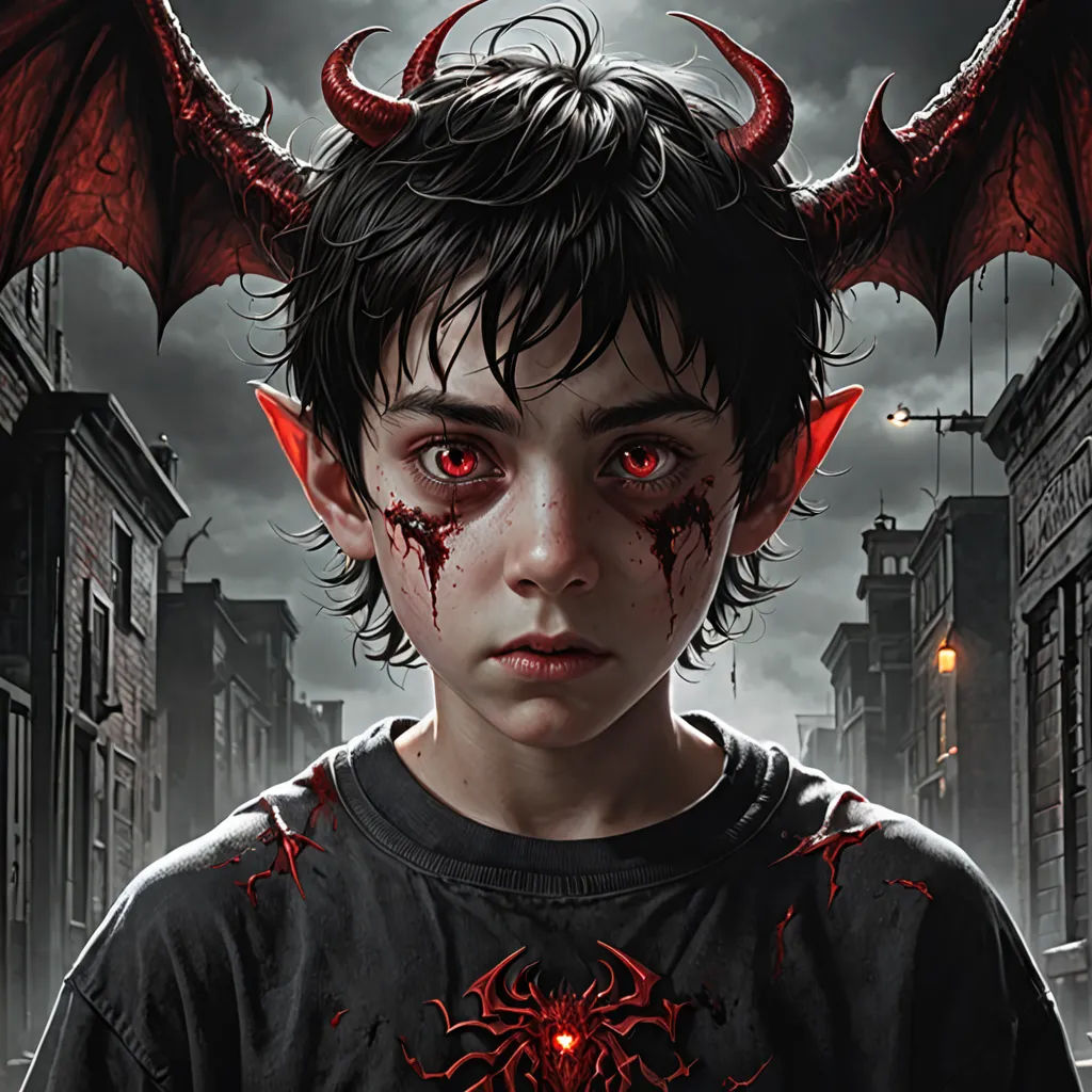 a young boy with red eyes and a demonish head is staring at the camera in a city street, Bastien L. Deharme, gothic art, concept art, dark fantasy art