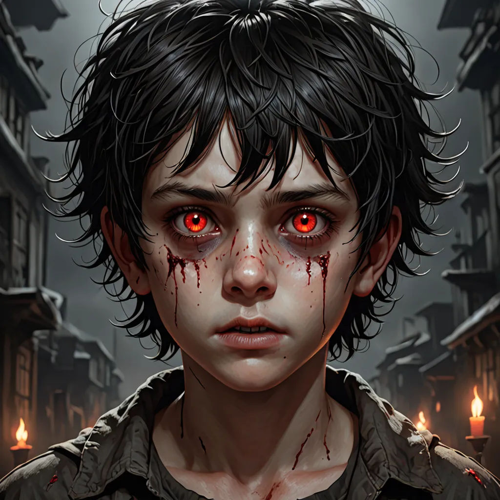 a young boy with blood on his face and blood on his eyes, standing in a dark alley with a building in the background, Bastien L. Deharme, gothic art, a character portrait, stanley artgerm lau