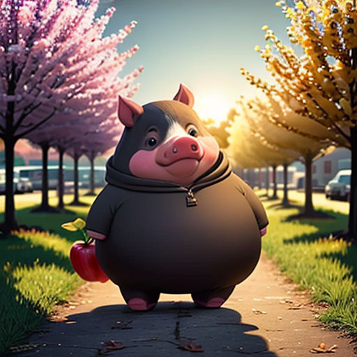 a pig is standing on a sidewalk in the park with trees and flowers in the background, and a car is parked on the road