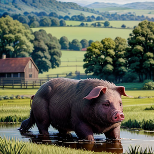 a pig is walking through a pond in a field with a house in the background and a green field with trees