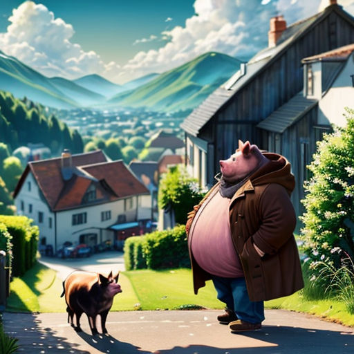 a pig and a pig dog are walking down a road in a cartoon scene with a village and mountains in the background