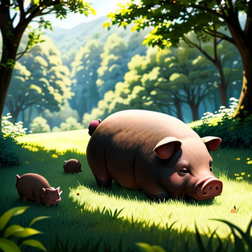 a pig and her two babies in a field of grass and trees with a mountain in the background and a forest with trees