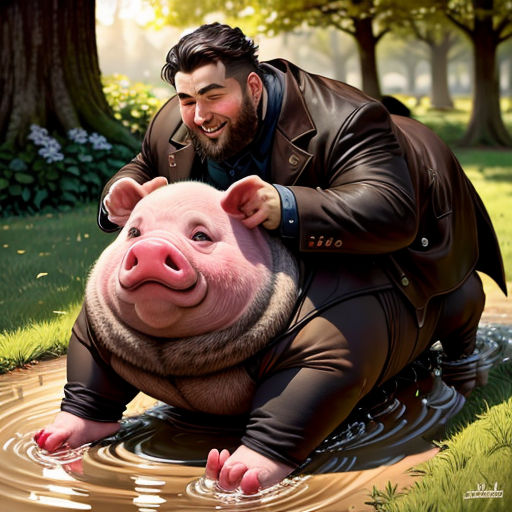 a man is holding a pig in the water while he is in the water with his hands on his hip