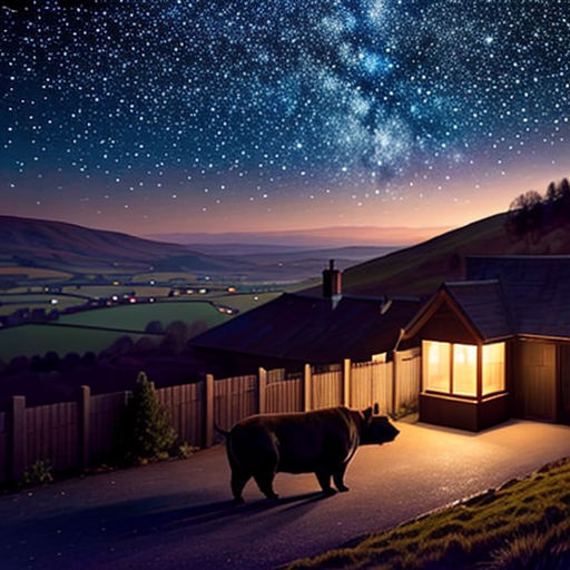a painting of a cow walking down a road at night with the stars above it and a fence and a house
