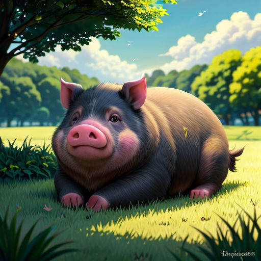 a pig is laying in the grass near a tree and a bird flying overhead in the sky above it