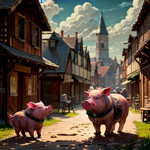 two pigs are standing in the middle of a street with a church in the background and a sky with clouds