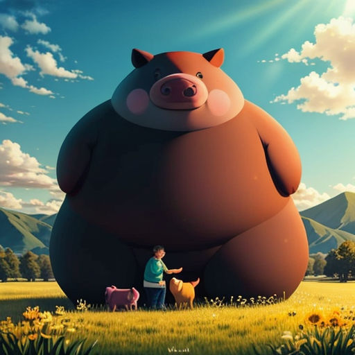 a man standing next to a large brown bear on a field of grass with a dog and a pig