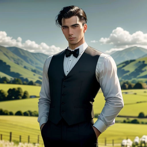 a man in a tuxedo standing in front of a painting of a mountain landscape with sheep in the background