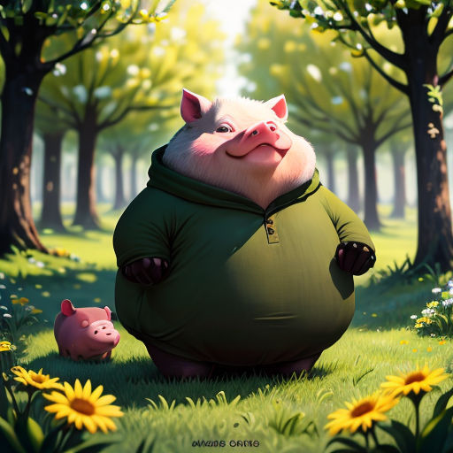 a pig and a pig pig are in the grass with sunflowers and trees in the background, and a pig is standing in the grass