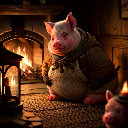 a pig sitting on the floor next to a fire place with a pig in front of it and a pig in the background