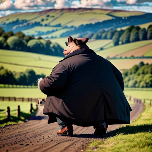 a fat man sitting on a road in the middle of a field with a cat on his back and a dog on his back