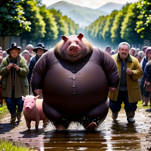 a large pig is walking in a puddle with a group of people behind it and a man in a hat