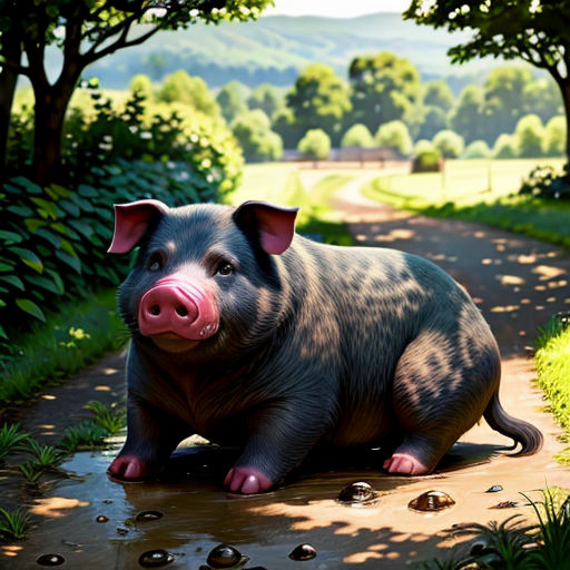 a pig sitting on a dirt road in the middle of a forest with trees and grass around it, with a path leading to a grassy area with trees and a path with a few bushes and a few