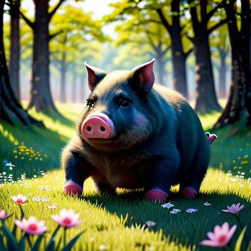 a pig is standing in the grass near some flowers and trees, with a pink nose and nose ring