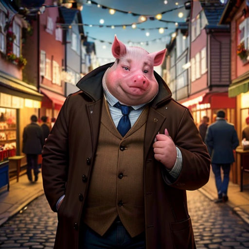 a man in a pig mask is walking down a street with a pig in a suit and tie on