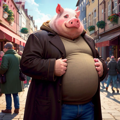 a man in a coat and a pig mask is standing in a street with people walking around him and a pig is standing behind him