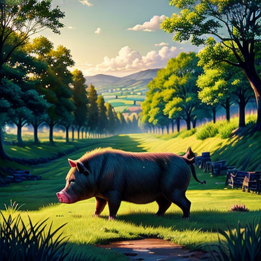 a painting of a pig walking through a field of grass and trees with a stream running through it, with a mountain in the background
